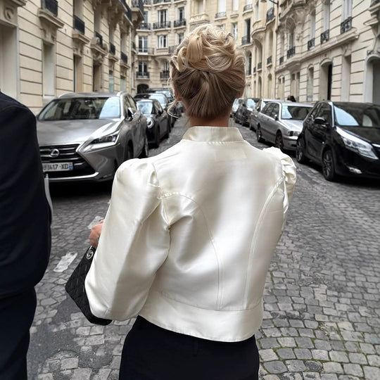 Damen Taillierte Satin-Bolerojacke mit Stehkragen & betonten Puffärmeln Shop Nory