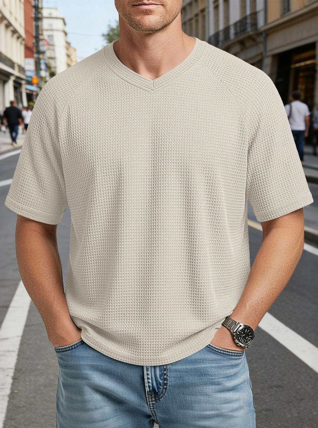 Herren nan lässiges V-Ausschnitt Waffelstrick-T-Shirt aus atmungsaktivem Baumwollmix