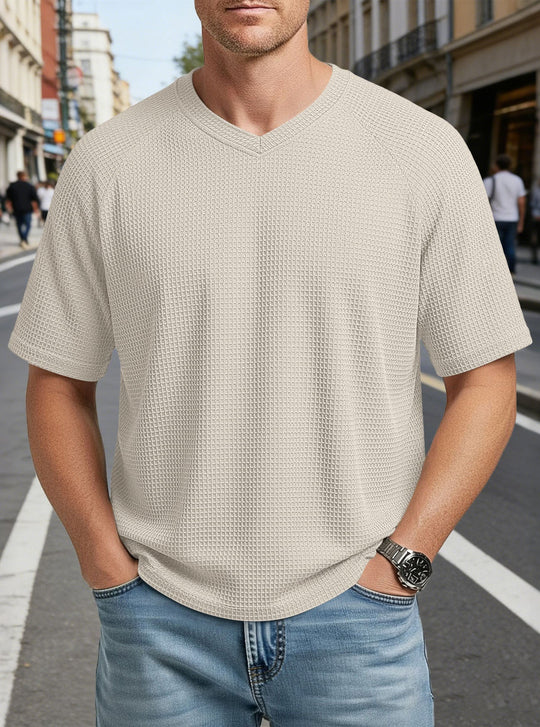 Herren nan lässiges V-Ausschnitt Waffelstrick-T-Shirt aus atmungsaktivem Baumwollmix