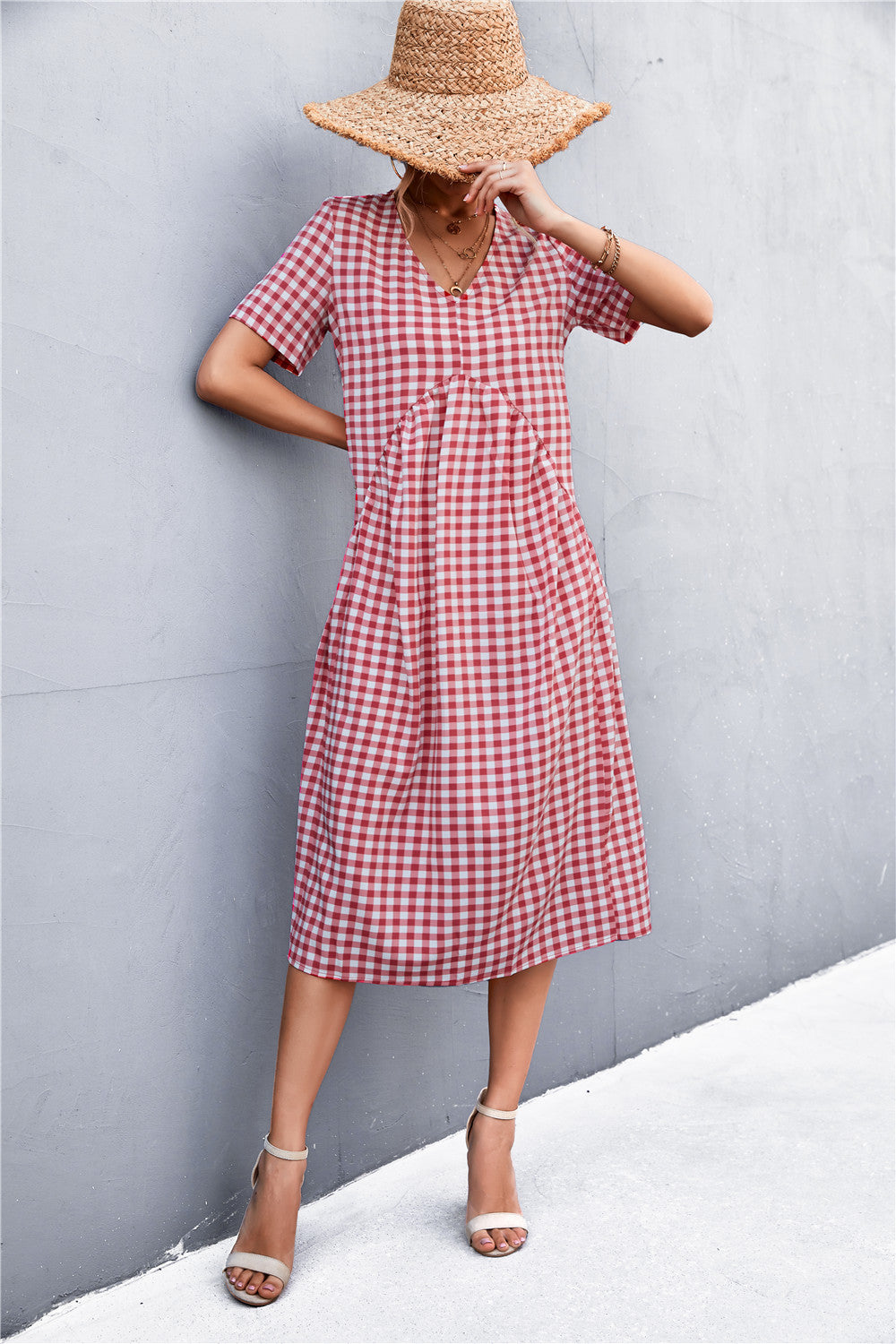Damen V-Ausschnitt Midikleid mit kariertem Design und ausgestelltem Rock