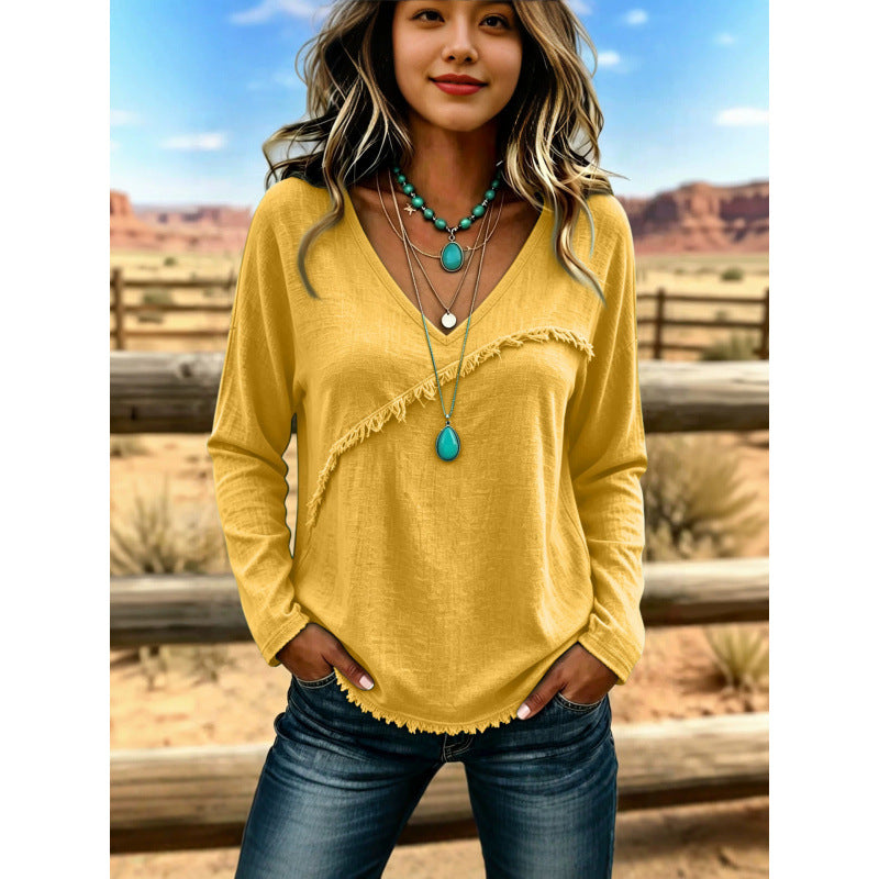 Damen Lässiges V-Ausschnitt Langarmshirt mit diagonaler Fransenblende und Strukturstoff Shop Nory