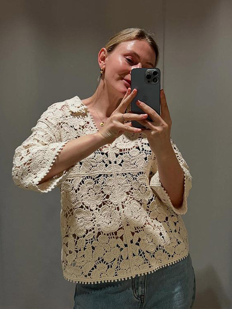 Damen Gehäkelte Bluse mit floralem Ajourmuster und dreiviertel Ärmeln Shop Nory
