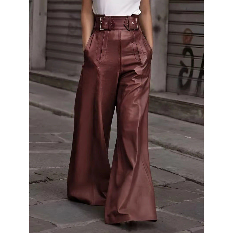 Damen weite High-Waist Palazzo-Hose aus Lederimitat mit Breitbund Shop Nory