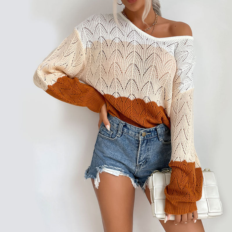Damen Oversize-Ajourstrickpullover mit Carmen-Ausschnitt, Ballonärmeln und geripptem Saum Shop Nory