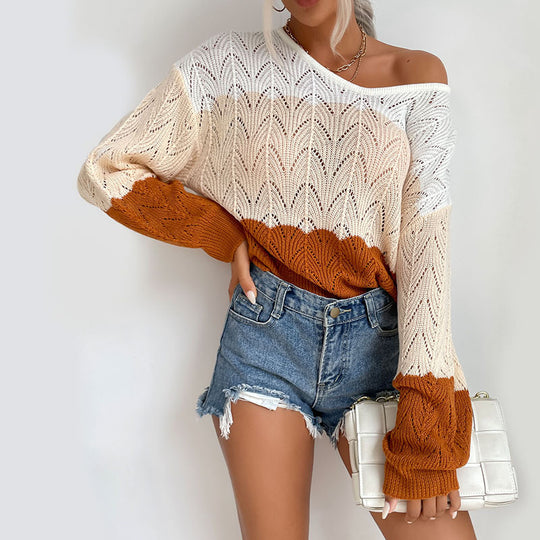 Damen Oversize-Ajourstrickpullover mit Carmen-Ausschnitt, Ballonärmeln und geripptem Saum Shop Nory