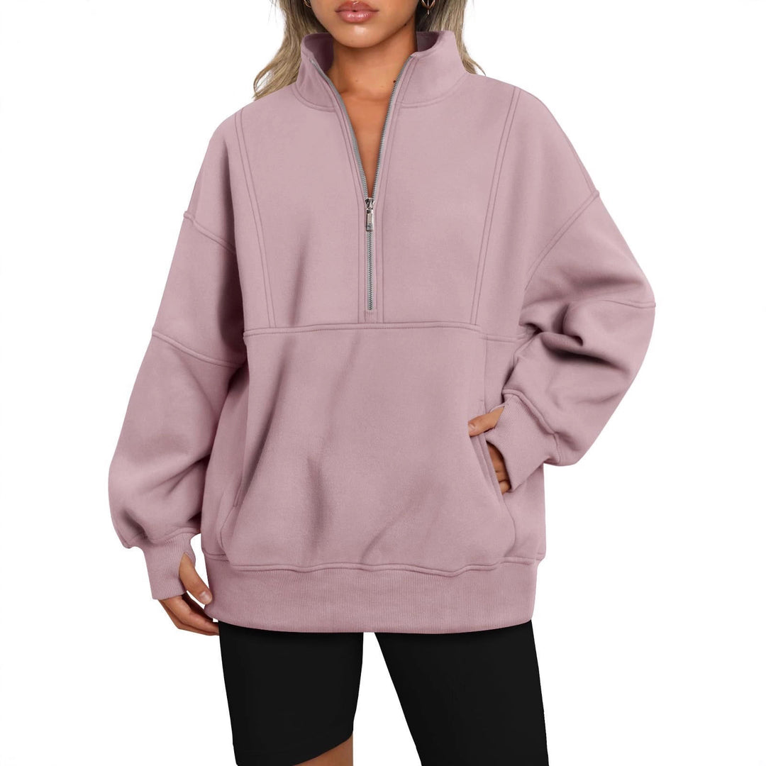 Damen Oversize-Sweatshirt mit halbem Reißverschluss, Stehkragen und Kängurutasche Shop Nory