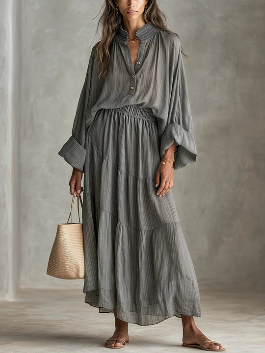 Damen Maxikleid mit geraffter Taille, Stehkragen und voluminösen Ballonärmeln Shop Nory