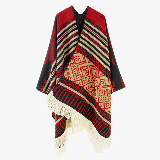 Damen Ethno-Jacquard Cape aus Wollmix mit asymmetrischem Saum, V-Ausschnitt und Fransen Shop Nory