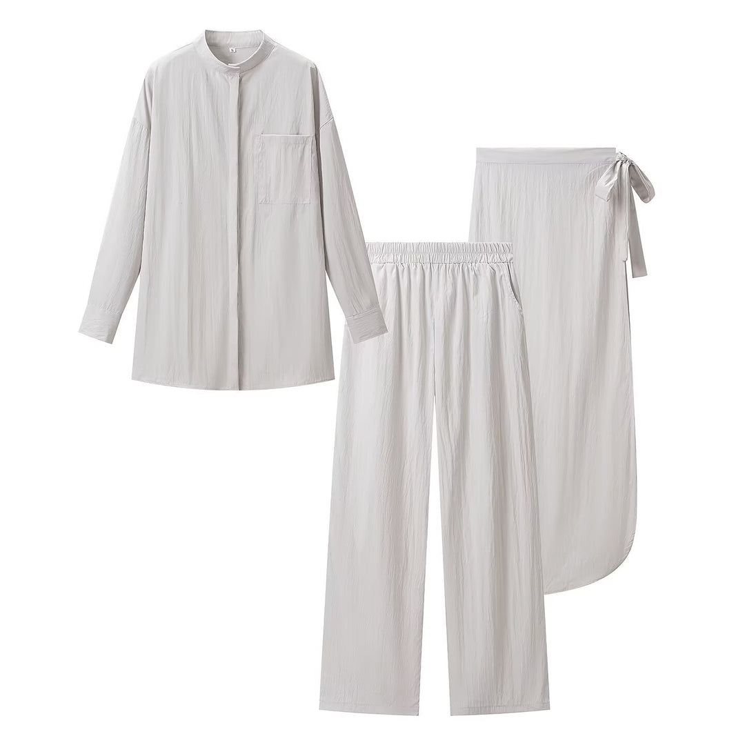 Damen Dreiteiliges Loungewear-Set mit Stehkragen-Hemd, Elastischer Palazzo-Hose und Wickelrock Shop Nory