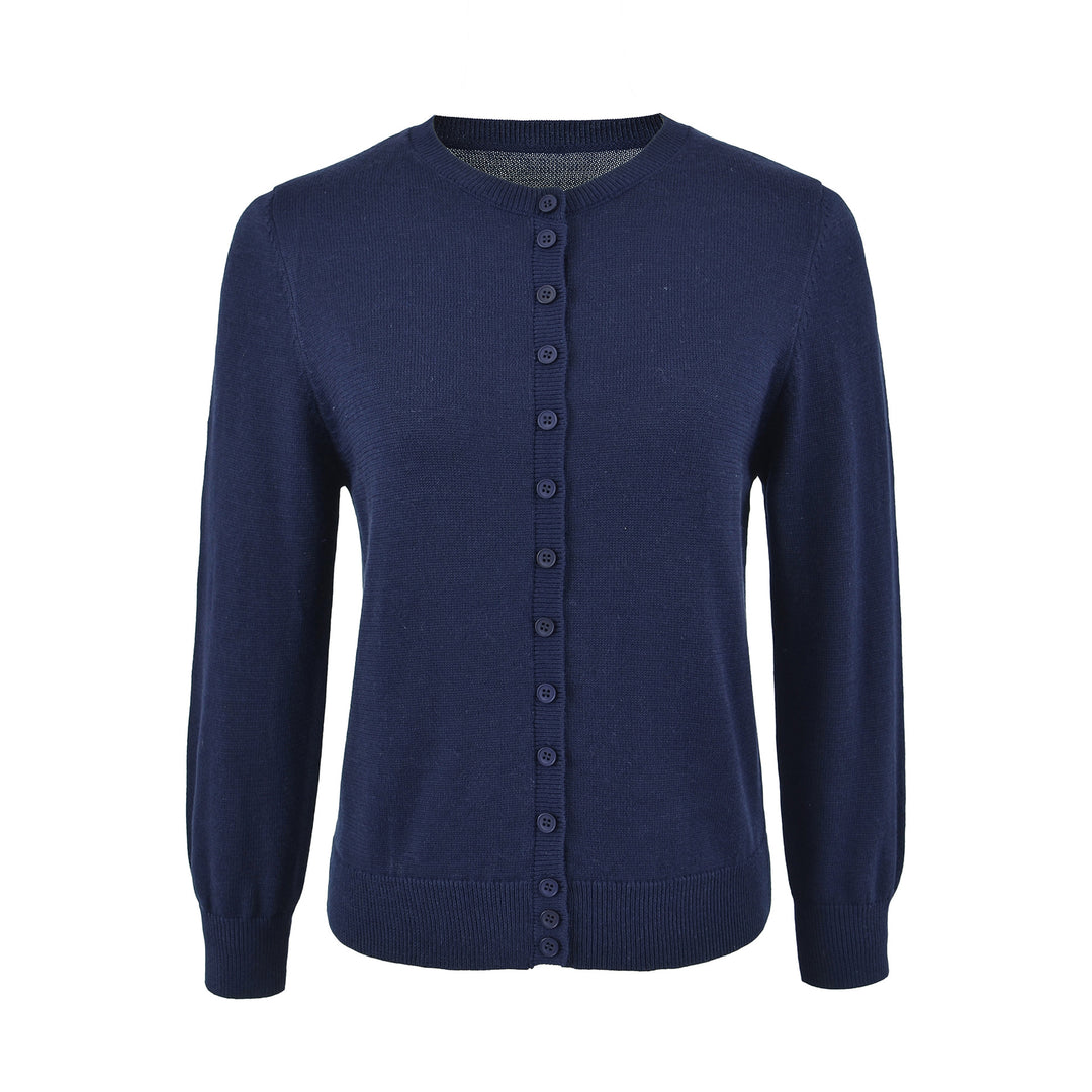 Damen Fein gestrickte Rundhals-Strickjacke mit Knopfleiste und Rippbündchen Shop Nory