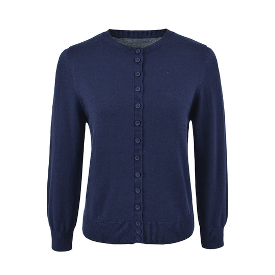 Damen Fein gestrickte Rundhals-Strickjacke mit Knopfleiste und Rippbündchen Shop Nory