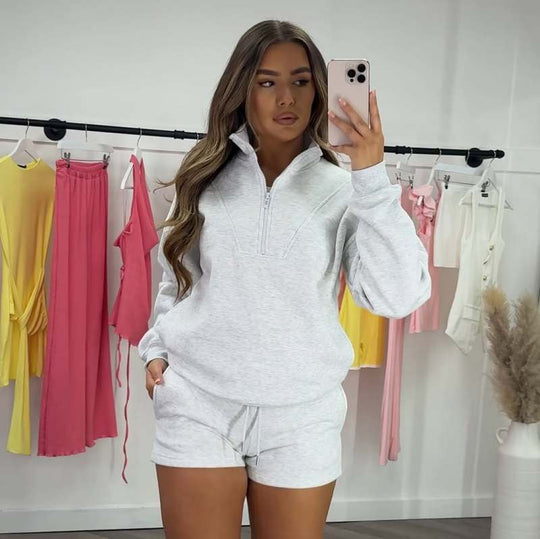 Damen nan lässiges Sweatshirt-Set mit halbem Reißverschluss, Kängurutasche und High-Waist-Shorts Shop Nory
