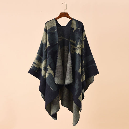Damen Oversize-Umhangruana aus Wollmix mit abstraktem Jacquard und Zierstichkante Shop Nory