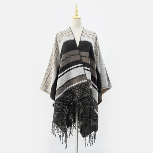 Damen Woven Jacquard-Poncho mit geometrischem Ethno-Muster und Fransensaum Shop Nory