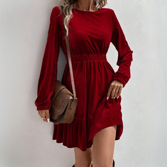 Damen Samt‑Minikleid mit elastischer Taillennaht und stufigem Volantrock Shop Nory