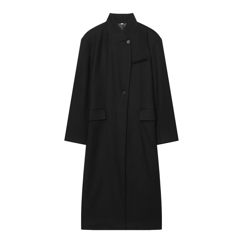 Damen Langer Mantel mit Mandarin-Kragen, minimalistischer Silhouette und verdeckter Knopfleiste Shop Nory