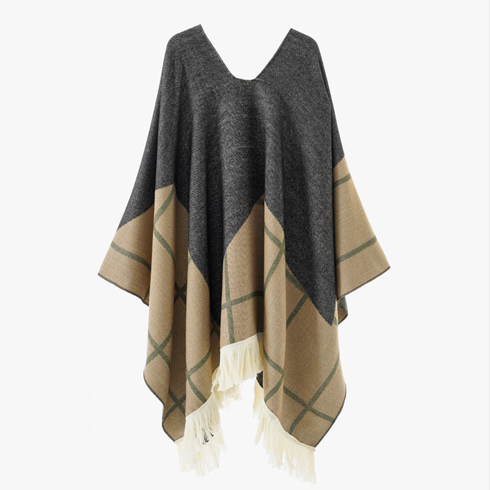 Damen Ornamentaler Jacquard‑Poncho mit V‑Ausschnitt und Fransensaum Shop Nory