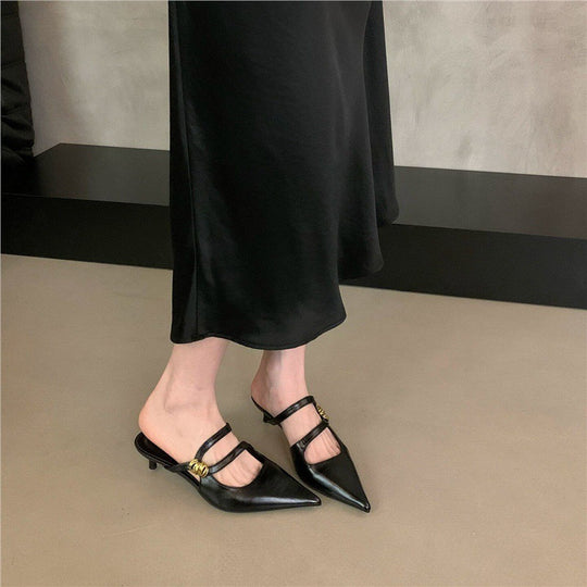 Damen Spitz zulaufende Kitten‑Heel Mules mit doppeltem Riemen und goldener Zierschnalle Shop Nory