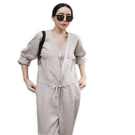 Damen Leinen-Overall mit V-Ausschnitt und Bindegürtel Shop Nory