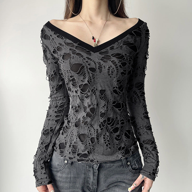Damen nan transparentes Distressed-Spitzenshirt mit V-Ausschnitt, langärmeligem Layer-Look und innenliegendem Cami Shop Nory