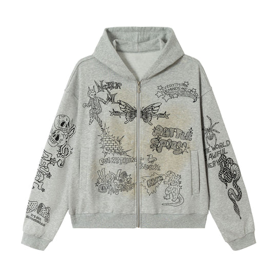 Damen Oversize-Kapuzenjacke mit Reißverschluss, hohem Kragen und grafischen Tattoo-Prints Shop Nory