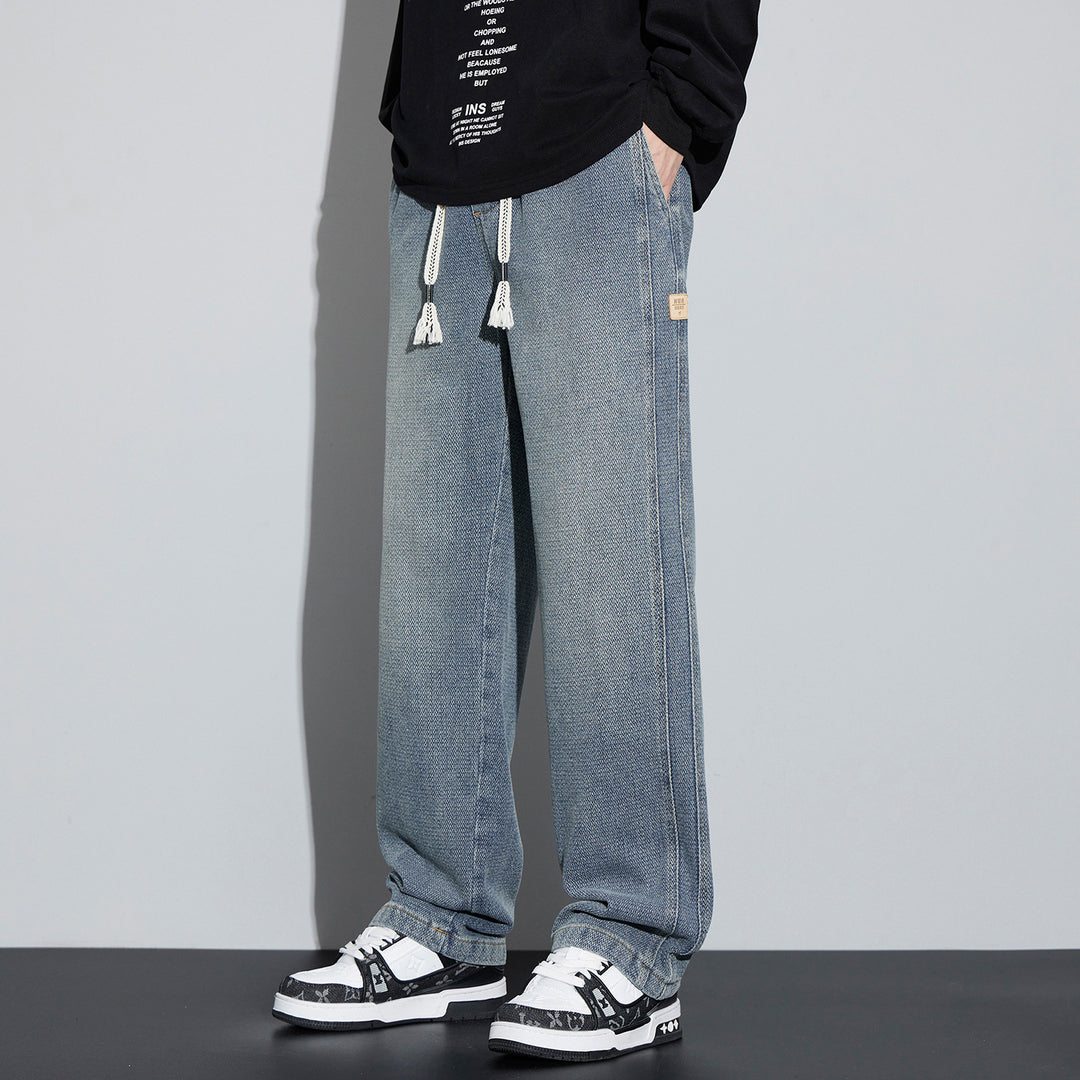Herren Weite Denim-Jogginghose mit geflochtenem Kordelzug und Fischgrätstruktur Shop Nory