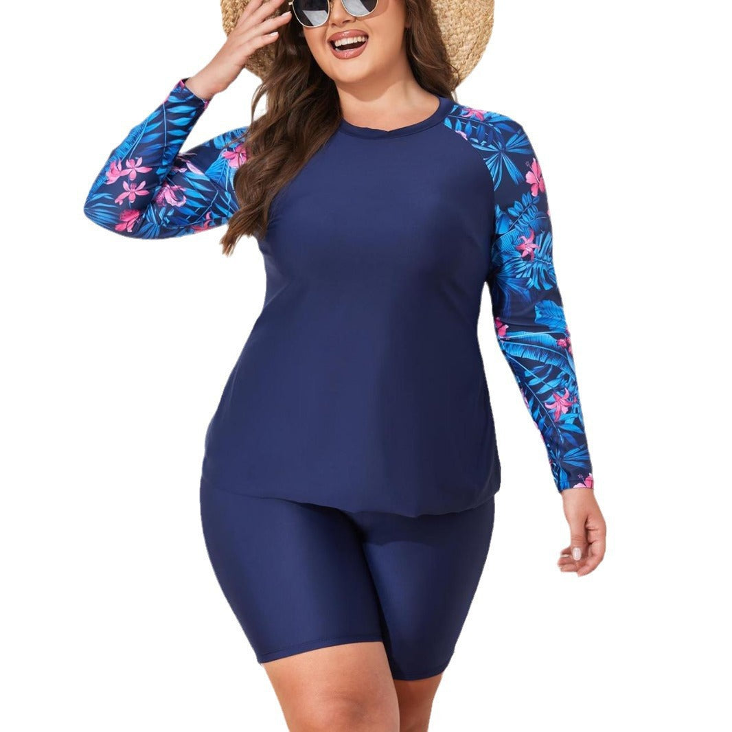 Damen UV-Schutz Surfanzug Set mit langen Ärmeln und farbenfrohem Blattmuster