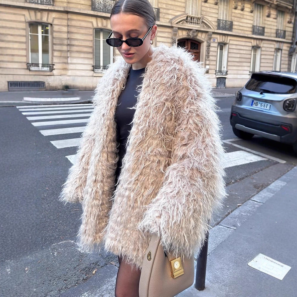 Damen Oversize lockiger Kunstpelz-Mantel im Shaggy‑Look Shop Nory