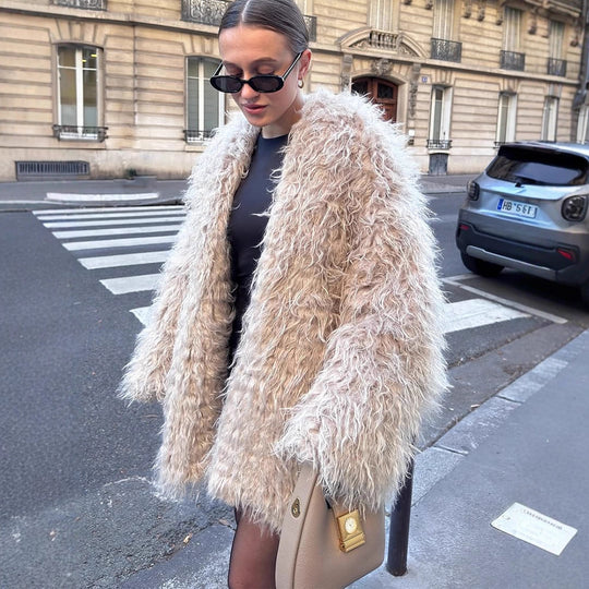 Damen Oversize lockiger Kunstpelz-Mantel im Shaggy‑Look Shop Nory