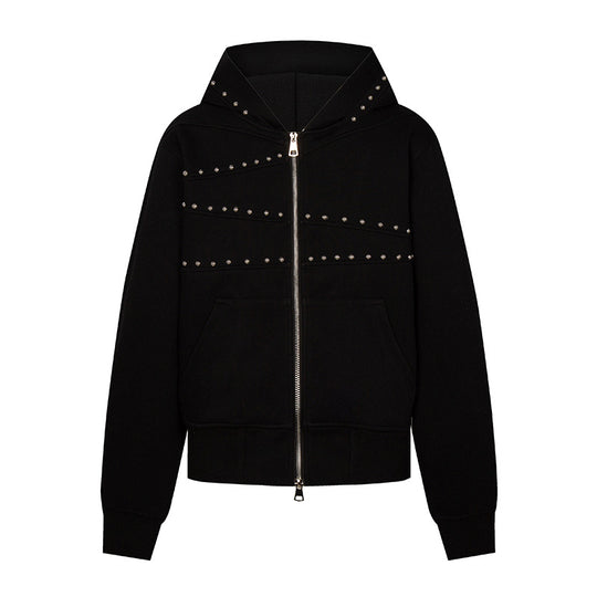 Damen Kapuzen-Sweatjacke mit Nietenbesatz, durchgehendem Reißverschluss und Kängurutaschen Shop Nory