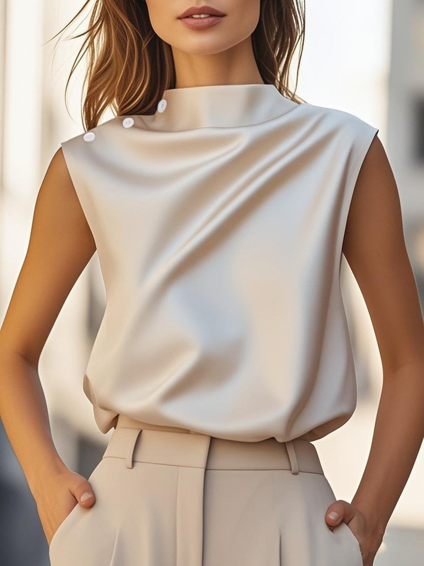 Damen Elegantes Satin-Oberteil mit schickem Stehkragen und feinen Knopfdetails