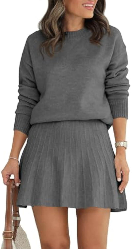 Damen Zweiteiliges Strick-Set mit Rundhals-Pullover und Plissée-Minirock Shop Nory