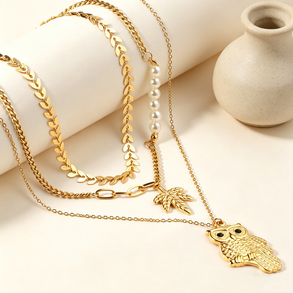 Damen mehrlagige Halskette mit Eulen-Anhänger und goldplattierten Elementen Shop Nory
