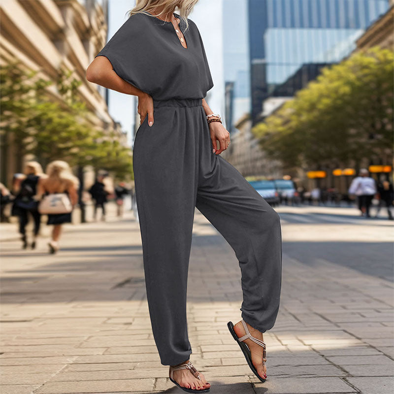 Damen Lässiger Jumpsuit mit Taillen-Smock, kurzem Fledermausärmel und elastischem Knöchelabschluss Shop Nory