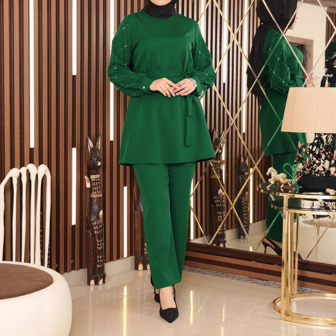 Damen Elegantes zweiteiliges Tunika-Set mit Taillengürtel und Zierärmeln Shop Nory
