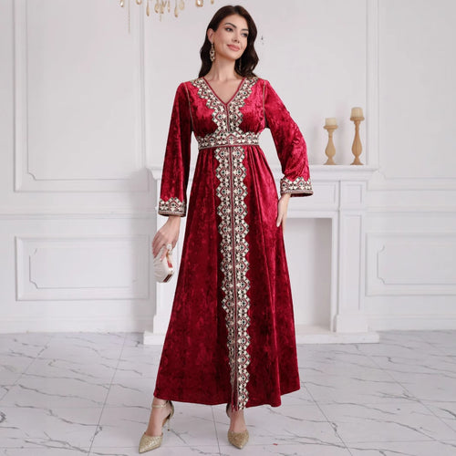 Damen Samt‑Maxikleid im Kaftanstil mit bestickter Mittelblende und Taillengürtel Shop Nory