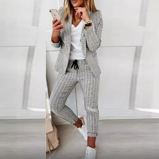 Damen nan lässig-elegantes Karozweiteiler Blazer mit Tunnelzug-Slimhose Shop Nory