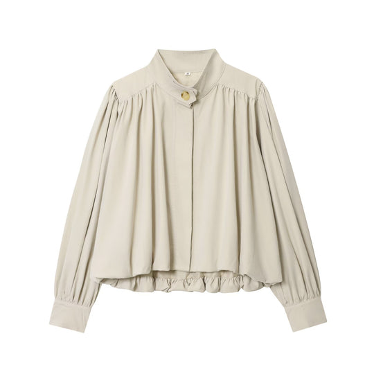 Damen Voluminöse Cropped-Bluse mit Stehkragen, Raffungen und elastischem Saum Shop Nory