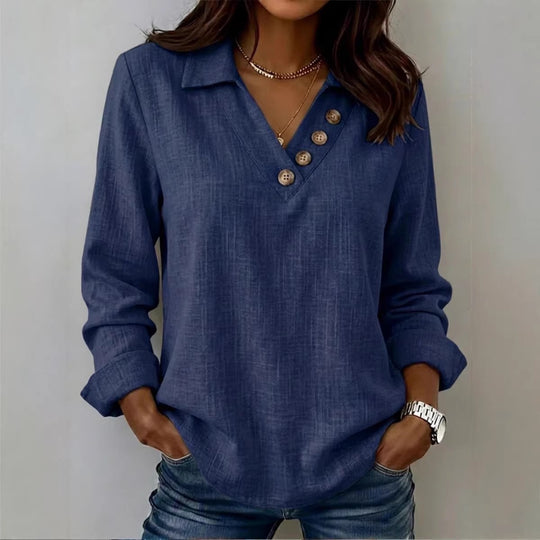 Damen Lässiges V-Ausschnitt-Blusenshirt mit Hemdkragen und asymmetrischer Zierknopfleiste Shop Nory