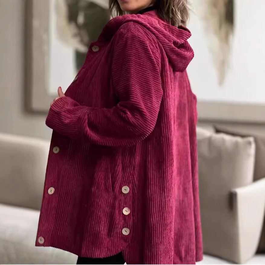 Damen Kapuzenjacke aus Kordstoff mit Knopfverschluss