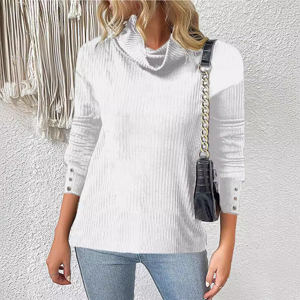 Damen Rippschneider Rollkragenpullover mit 3/4-Ärmeln und dekorativer Knopfleiste Shop Nory