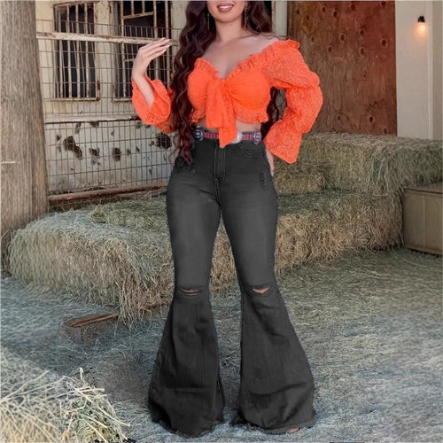 Damen Hochtaillierte Schlaghose-Jeans mit ausgestelltem Bein, Knie-Rissen und figurformendem Stretchbund Shop Nory