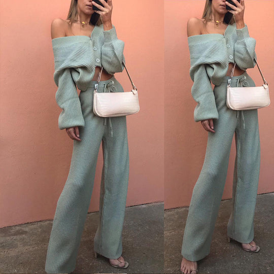 Damen geripptes Strick-Zweiteiler Set mit Cropped-Cardigan, Kordelzug-Hochbundhose und Komfortpassform Shop Nory