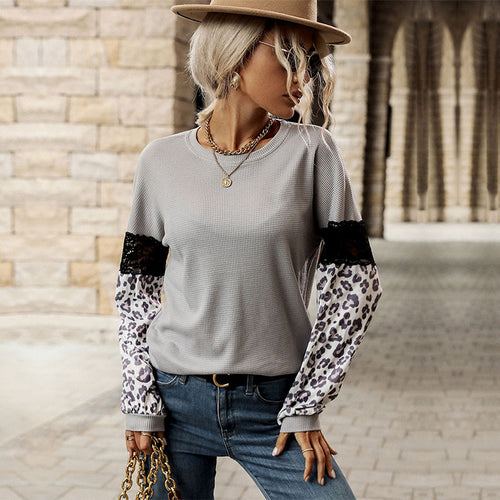 Damen Langarmshirt mit Leopardenärmeln und Spitzenbesatz Shop Nory