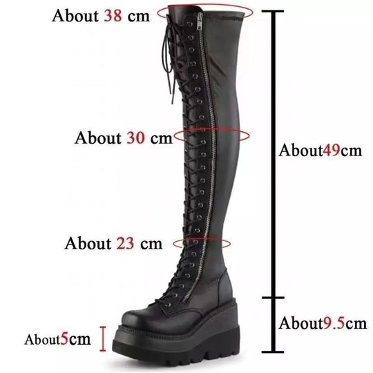 Damen Overknee-Boots im Biker-Stil mit durchgehender Schnürung, Seitenreißverschluss und klobiger Plateausohle Shop Nory