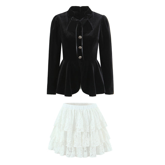 Damen Zweiteiliges Samt‑Schößchenblazer und Stufen‑Spitzenrock Set Shop Nory
