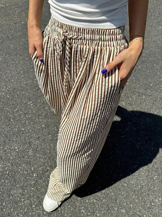 Damen Marlene-Streifenhose aus Leinenmix mit weitem Bein, Elastikbund und Kordelzug Shop Nory