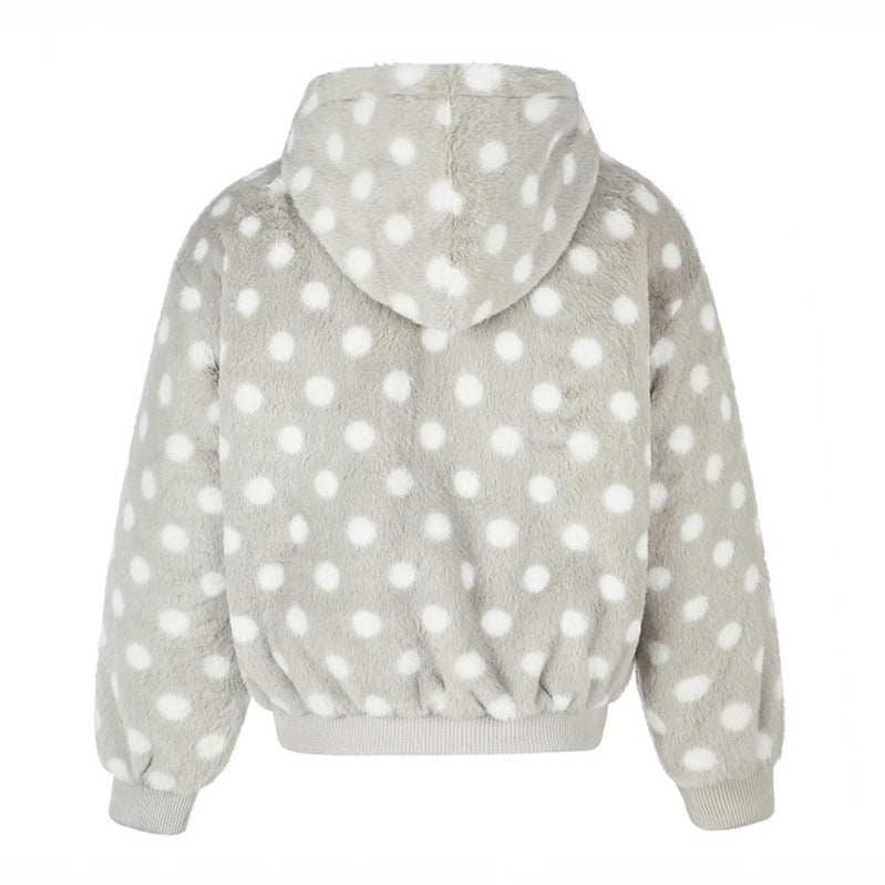 Damen Kapuzen-Fleecejacke im Bomberstil mit Polka‑Dot und dekorativen Froschknopf-Details Shop Nory