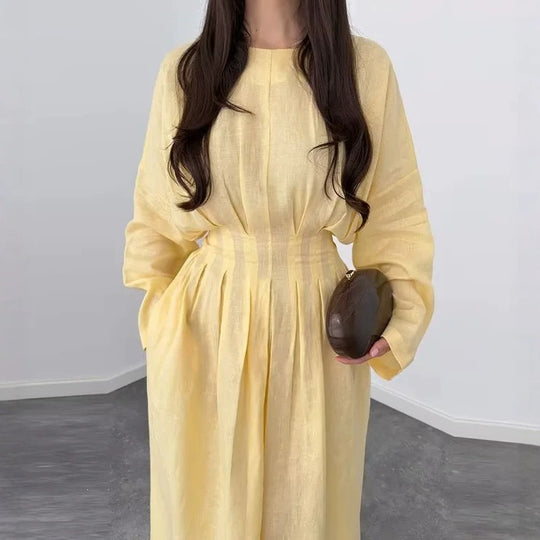 Damen Maxikleid mit plissierten Oberteilfalten, weitem Rock und langen Glockenärmeln Shop Nory