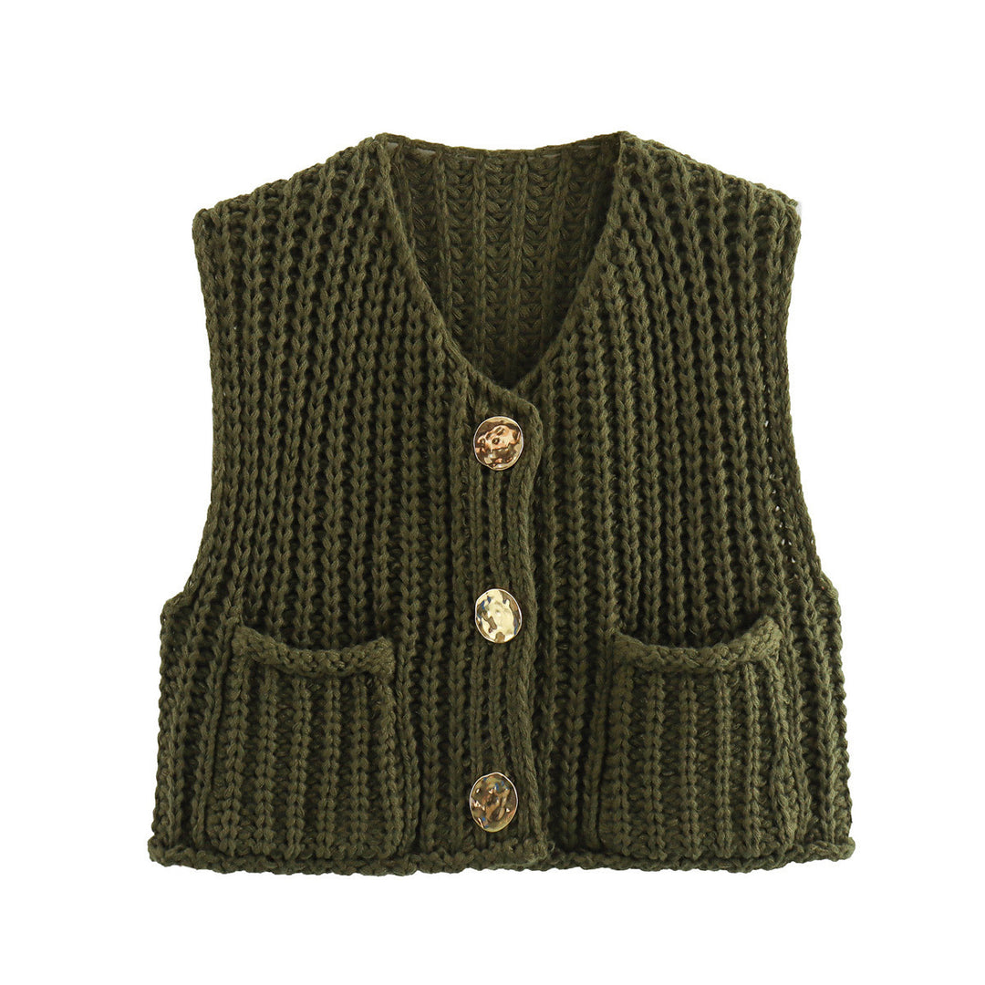 Damen Kurzgeschnittene Ärmellose Strickweste mit V-Ausschnitt und Zierknöpfen Shop Nory